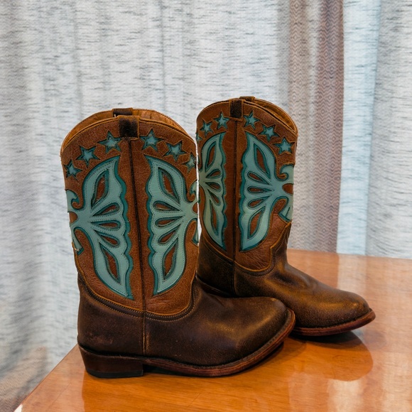 Ash Brown and Teal Western leather Boots - Picture 1 of 6
